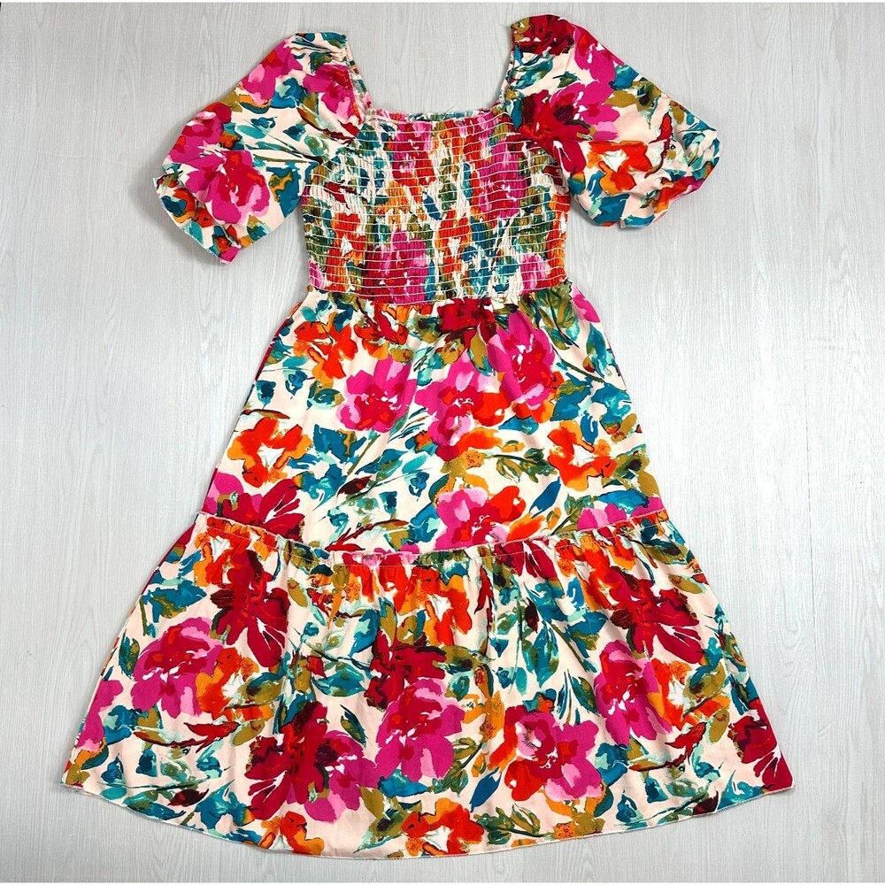 Fashion Dress Women L Floral Multicolor Midi Smoked Puff Sleeve Tiered